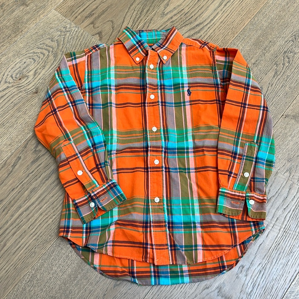 Ralph Lauren Preppy Orange, Blue & Green Plaid Button Down Shirt Size 6